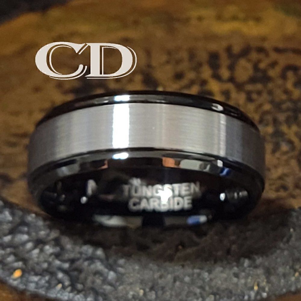 Men's Real Black and silver Tungsten Wedding Ring Black Inner Band Silver Outer
